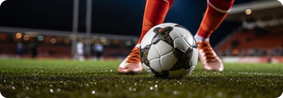 Piłka nożna leży na murawie przed zawodnikiem w pomarańczowych butach na stadionie.